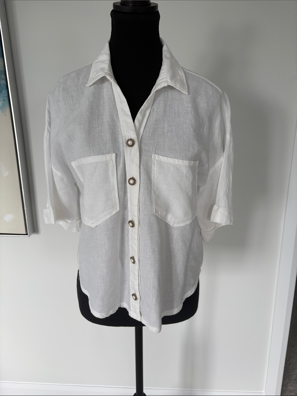 Zara White Short-Sleeve Linen-Blend Button Front Blouse